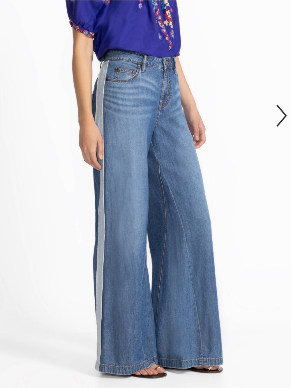 Johnny Was blanket stitch Wide Leg Side-Stripe Jeans Light Blue pants $278 31